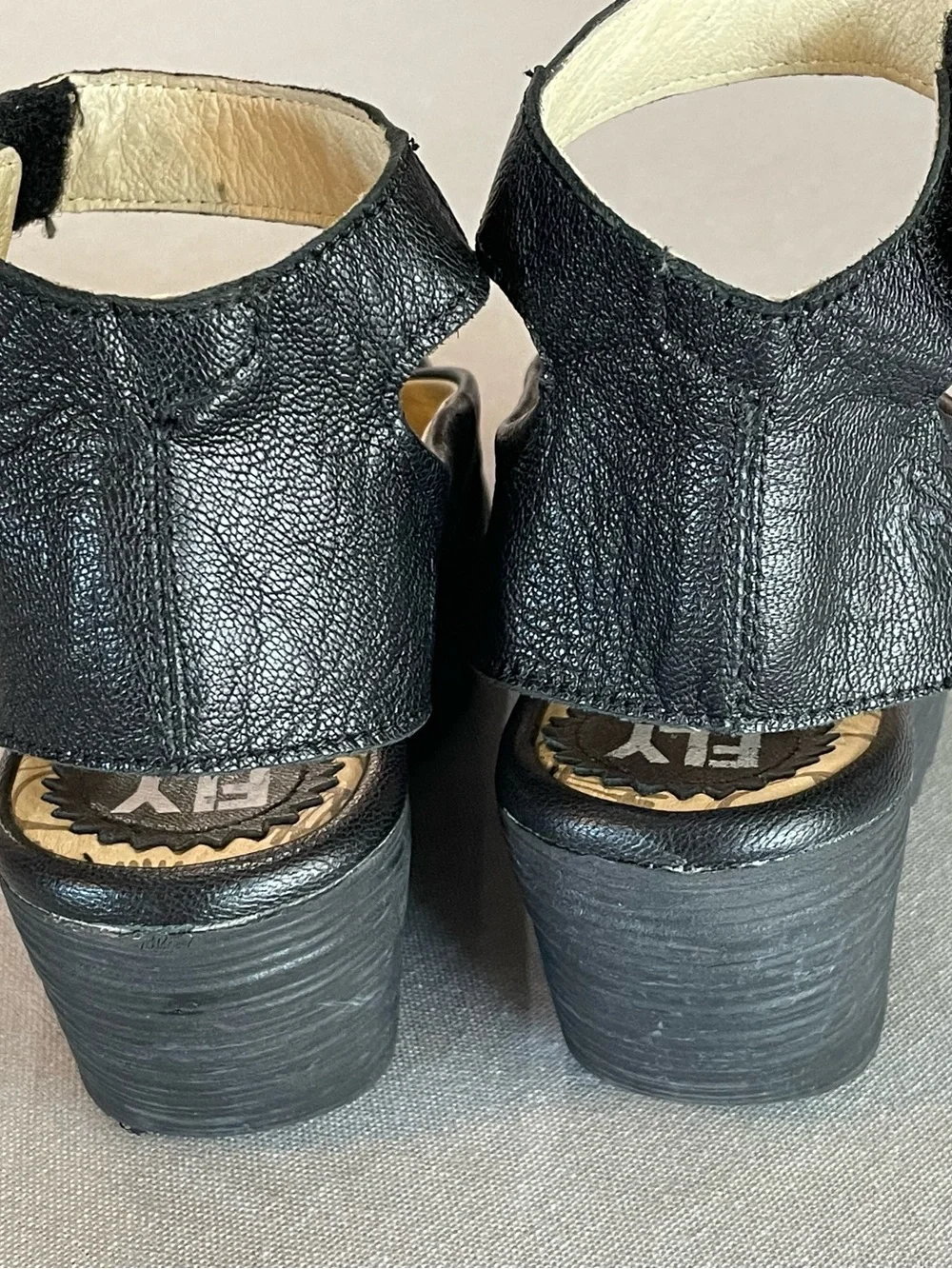 Fly London Black Leather Peep Toe Platform Wedge Sandals with Ankle Strap
